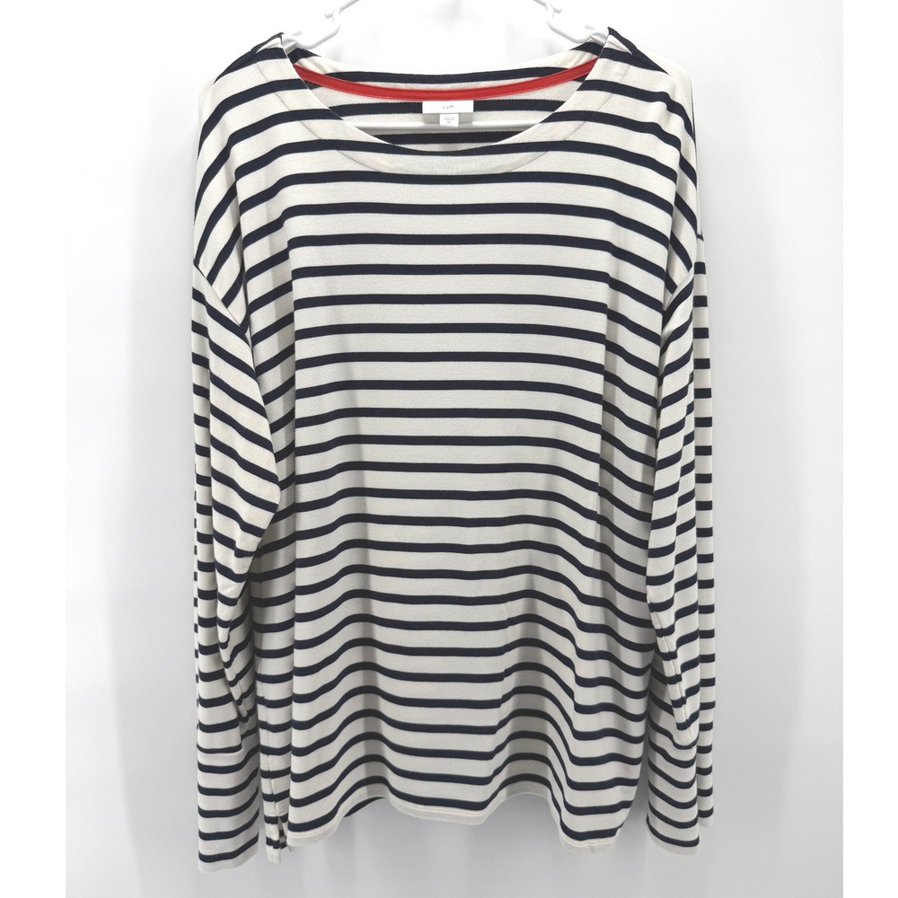 J. Jill Striped Knit Top White Navy Nautical Button Cuff Coastal Soft Women XL